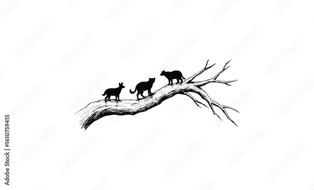 Fototapeta premium Silhouettes of wolves on tree branch: wildlife art. Vector retro hand drawn illustration