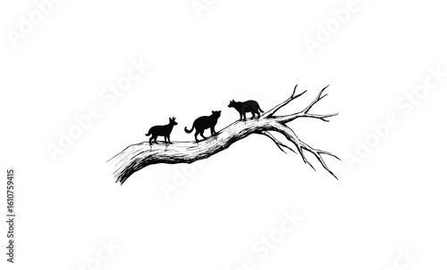 Silhouettes of wolves on tree branch: wildlife art. Vector retro hand drawn illustration