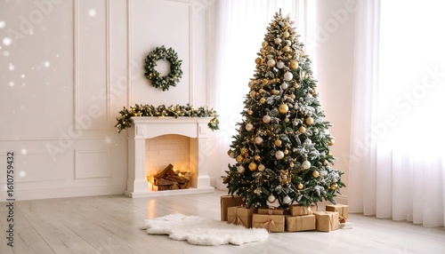 Festive Christmas room, tree decorated with gold ornaments, presents at the base, fireplace with garland