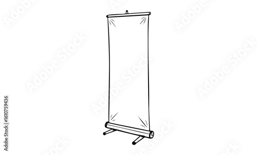 Blank roll-up banner illustration on stand in black and white. Vector retro hand drawn illustration