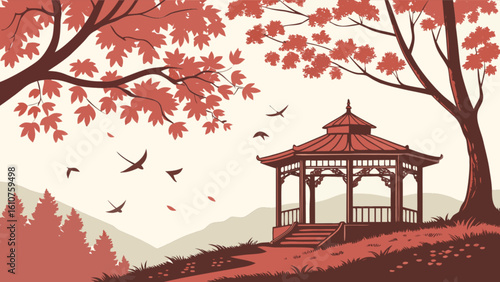 A serene landscape with a gazebo trees birds and a peaceful mountain range in the background scenery