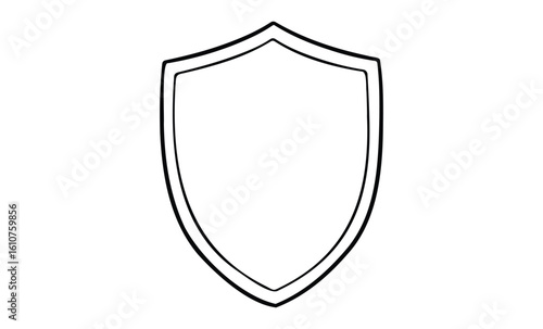 Black and white outline of a blank shield emblem for design and decoration. Vector retro hand drawn illustration