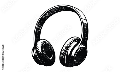 Monochrome illustration of over-ear headphones with textured detail in black and white. Vector retro hand drawn illustration
