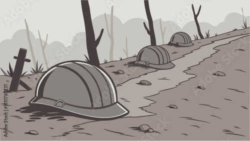 Helmets lie scattered on a barren landscape with a cross marking a somber and desolate scene of war