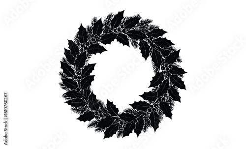 Monochrome christmas wreath with holly and pine leaves. Vector retro hand drawn illustration
