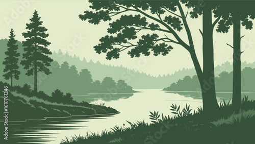 A serene landscape with a river flowing through a forest of trees in a monochromatic green color scheme