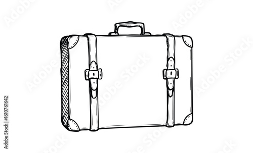 Monochrome sketch of a vintage suitcase with straps and buckles in detailed outline. Vector retro hand drawn illustration