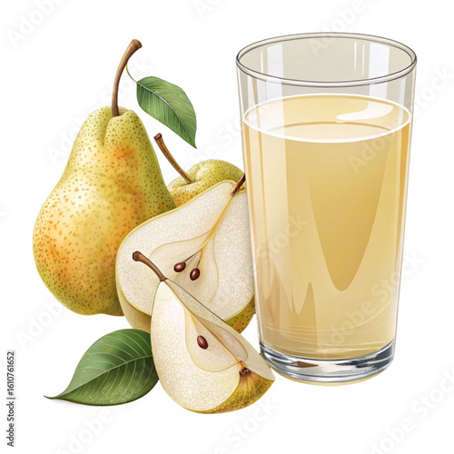 Yellow pear juice in a transparent glass with fresh sliced pears as healthy beverage presentation