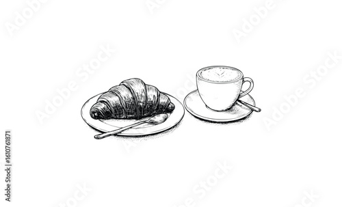 Sketch of croissant and coffee on plates with spoons. Vector retro hand drawn illustration