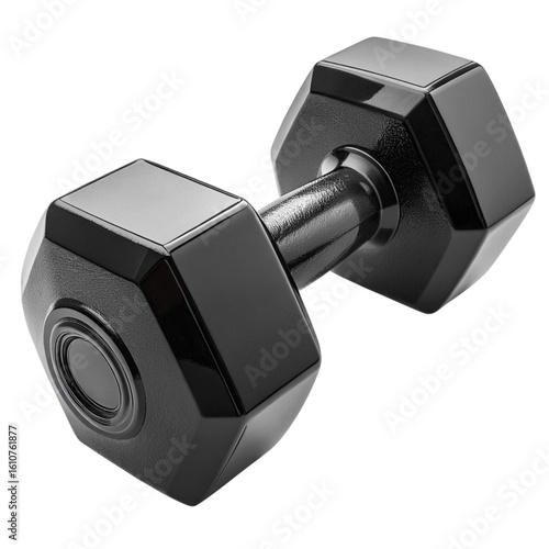 Shiny black dumbbell with detailed metallic finish perfect for strength themed sports or gym visuals