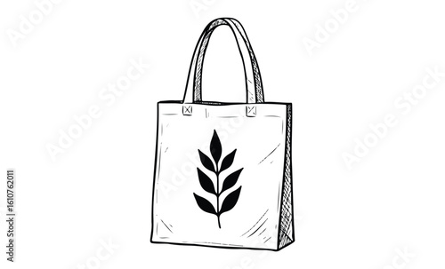 Eco-friendly canvas tote bag with leaf design on a white background. Vector retro hand drawn illustration