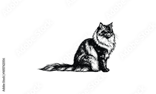 Black and white illustration of a fluffy maine coon cat sitting gracefully. Vector retro hand drawn illustration