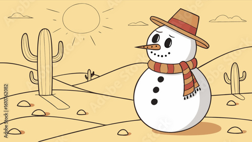 Cartoon snowman with a hat and scarf in a desert landscape with cacti and a bright sun shining down