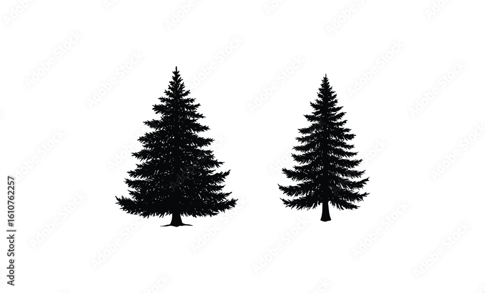 Obraz premium Silhouette of two pine trees on a white background. Vector retro hand drawn illustration
