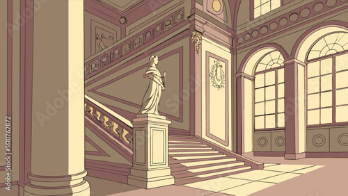 Illustration of a grand hall with a staircase, statue, large windows, and ornate architectural details