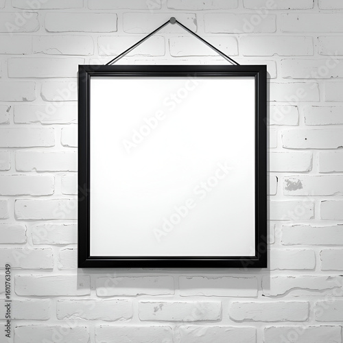 Black frame hanging on white brick wall with inscription trumpery