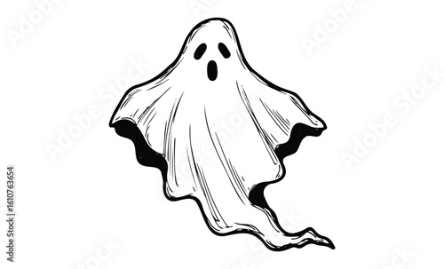 Illustrated ghost in flowing sheet with surprised expression. Vector retro hand drawn illustration