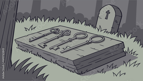 Four antique keys resting on a stone slab in a graveyard setting with a tombstone in the background