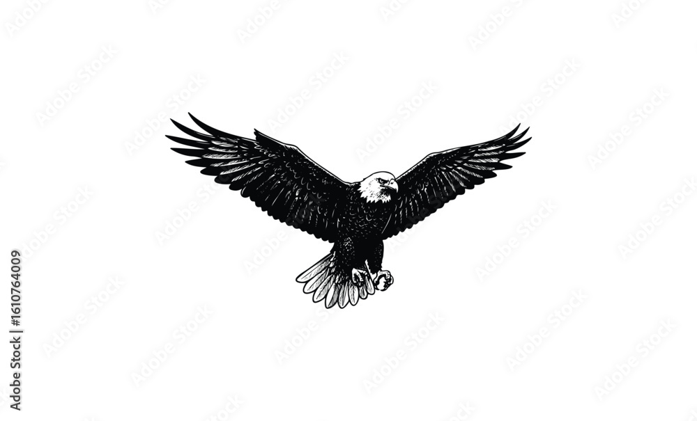 Fototapeta premium Bald eagle in flight - detailed black and white illustration of iconic bird. Vector retro hand drawn illustration