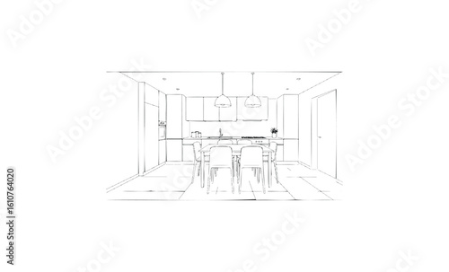 Modern minimalist kitchen design black and white sketch. Vector retro hand drawn illustration