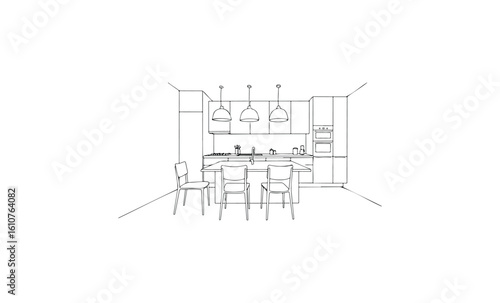 Modern minimalist kitchen design with dining area and pendant lighting. Vector retro hand drawn illustration