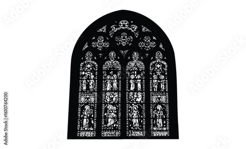 Gothic stained glass window with religious figures and ornate patterns. Vector retro hand drawn illustration