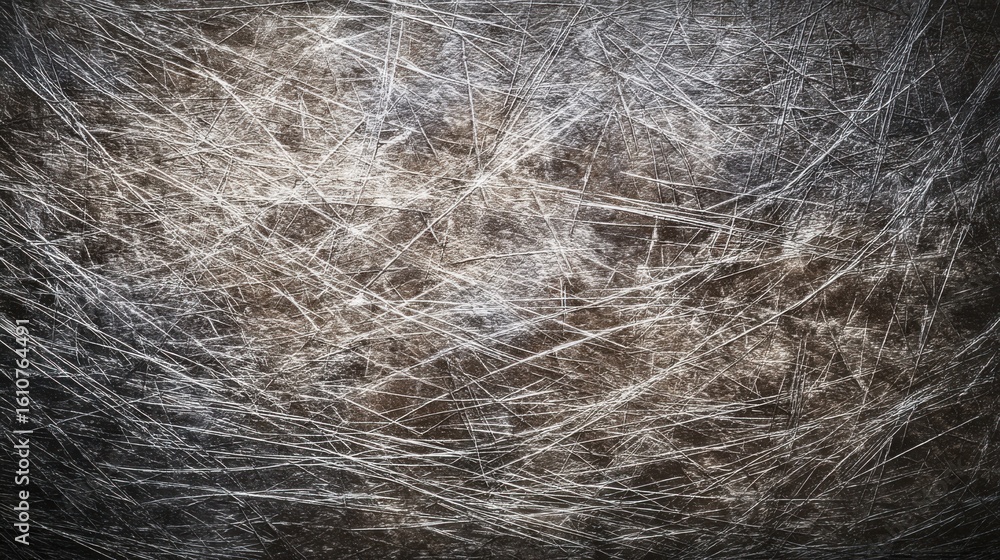 Obraz premium A dark metallic surface covered with a network of shiny reflective scratches, varying in length and direction,