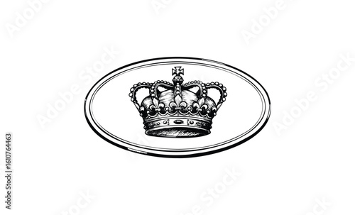 Ornate crown sketch in oval frame symbolizing royalty and elegance. Vector retro hand drawn illustration