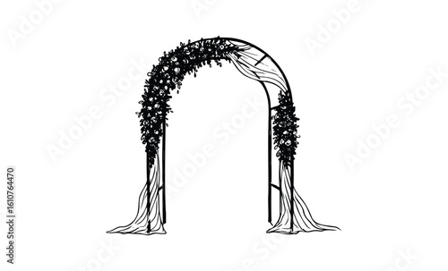 Elegant floral wedding arch with intricate design and draping details. Vector retro hand drawn illustration