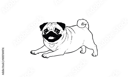 Playful pug illustration: adorable cartoon canine in black and white. Vector retro hand drawn illustration