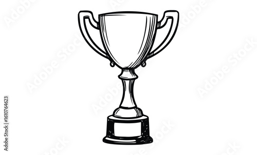 Black and white trophy illustration with detailed lines and classic design. Vector retro hand drawn illustration