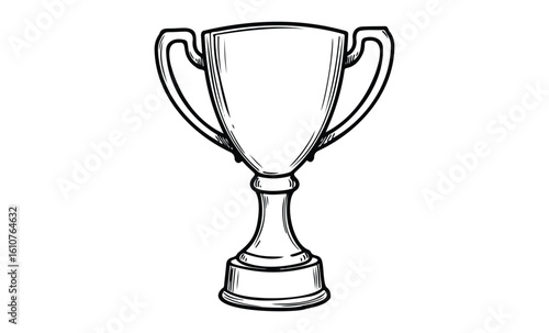 Black and white sketch of championship trophy with detailed design. Vector retro hand drawn illustration