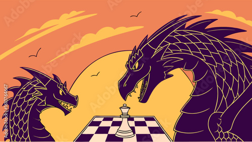 Two dragons facing each other over a chess board with a single queen piece on a sunset background scene