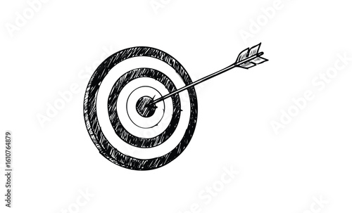 Hand-drawn bullseye with arrow hitting center. Vector retro hand drawn illustration