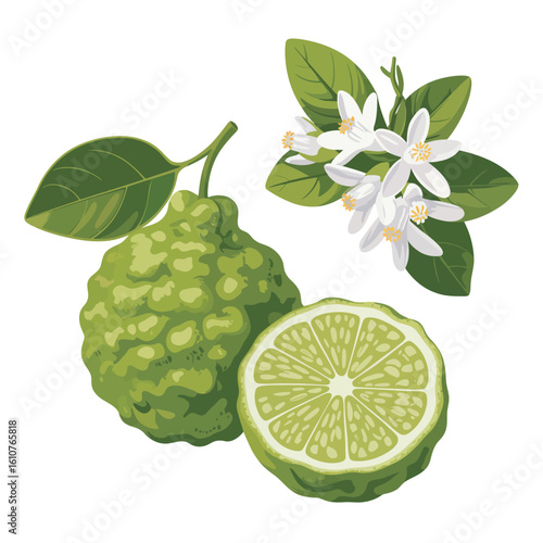 Fresh bergamot fruit and fragrant flowers isolated on white background
