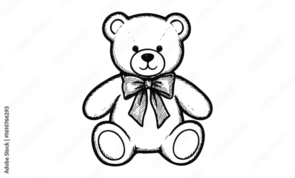Obraz premium Cute teddy bear with bow sketch in black and white line art style. Vector retro hand drawn illustration