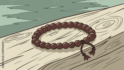 A beaded bracelet rests on a light wooden surface with a body of water visible in the background