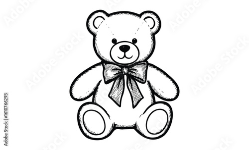 Cute teddy bear with bow sketch in black and white line art style. Vector retro hand drawn illustration