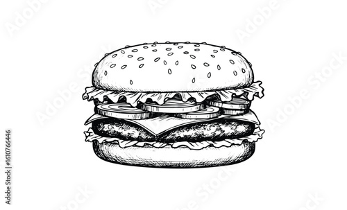 Hand-drawn black and white cheeseburger with lettuce and onions. Vector retro hand drawn illustration