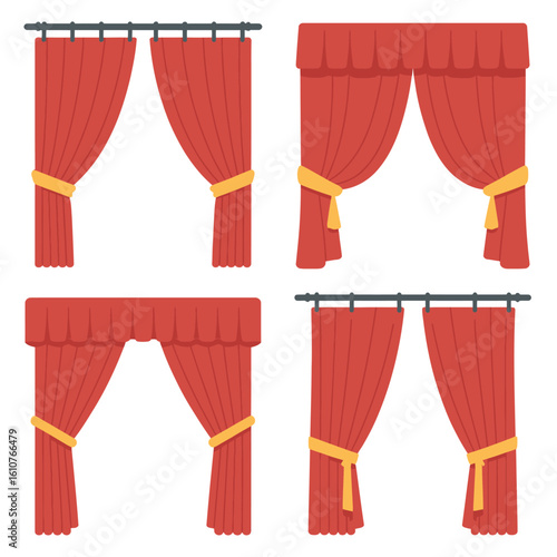 Four styles of elegant red theater curtains with gold tiebacks