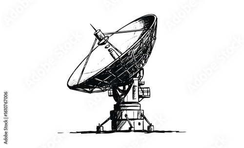 Ink drawing of a large satellite dish antenna with detailed structure. Vector retro hand drawn illustration
