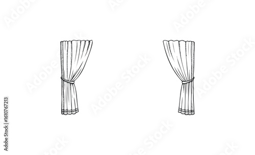 Hand-drawn window drapes illustration with elegant folded curtains. Vector retro hand drawn illustration