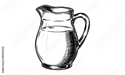 Hand-drawn black and white jug with handle filled with liquid. Vector retro hand drawn illustration