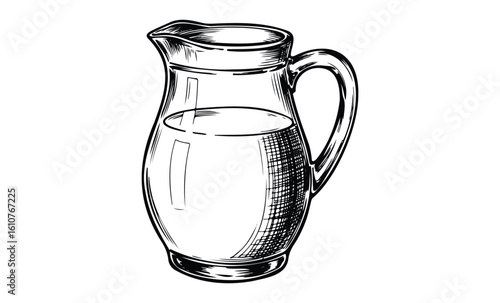 Hand-drawn pitcher sketch with handle and spout detailed line art. Vector retro hand drawn illustration