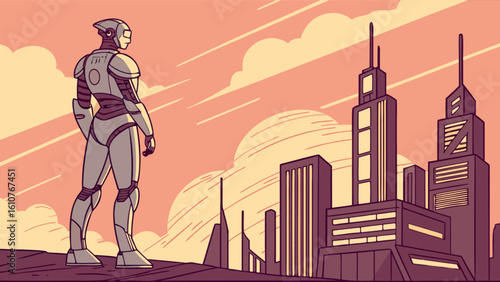 Robot standing on a hill overlooking a futuristic city with a stylized sky and building design