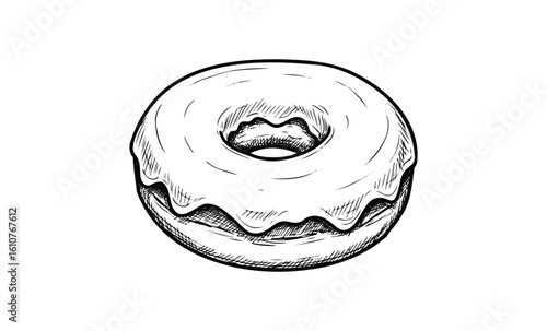 Hand-drawn glazed donut sketch with icing drip details. Vector retro hand drawn illustration