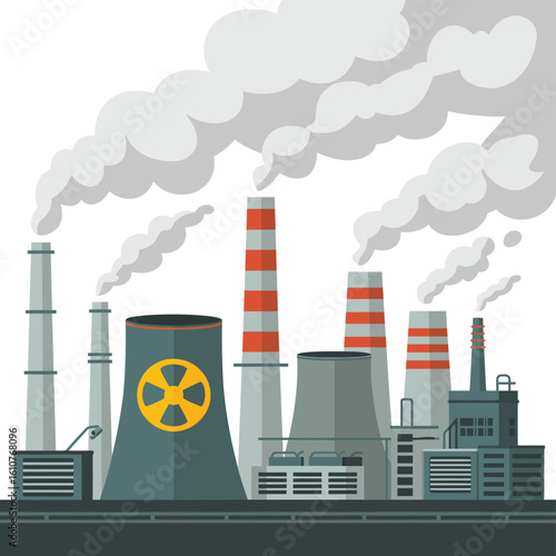 Industrial power plant with cooling towers and smokestacks emitting steam and smoke