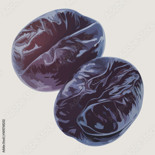 Close up of two dark roasted coffee beans on a light background
