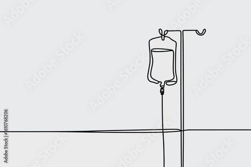 Minimalist line drawing of an intravenous drip bag on a stand in a hospital setting