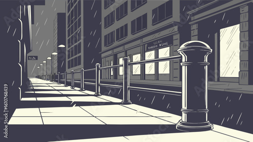 Illustration of a rainy city street with buildings, sidewalk, and street lamps in a monochrome style